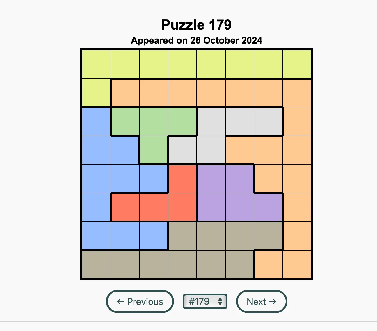 A screenshot showing the text "Puzzle 179 Appeared on 26 October 2024" and a coloured grid that is 8 by 8 with 8 coloured regions of heterogeneous shapes.