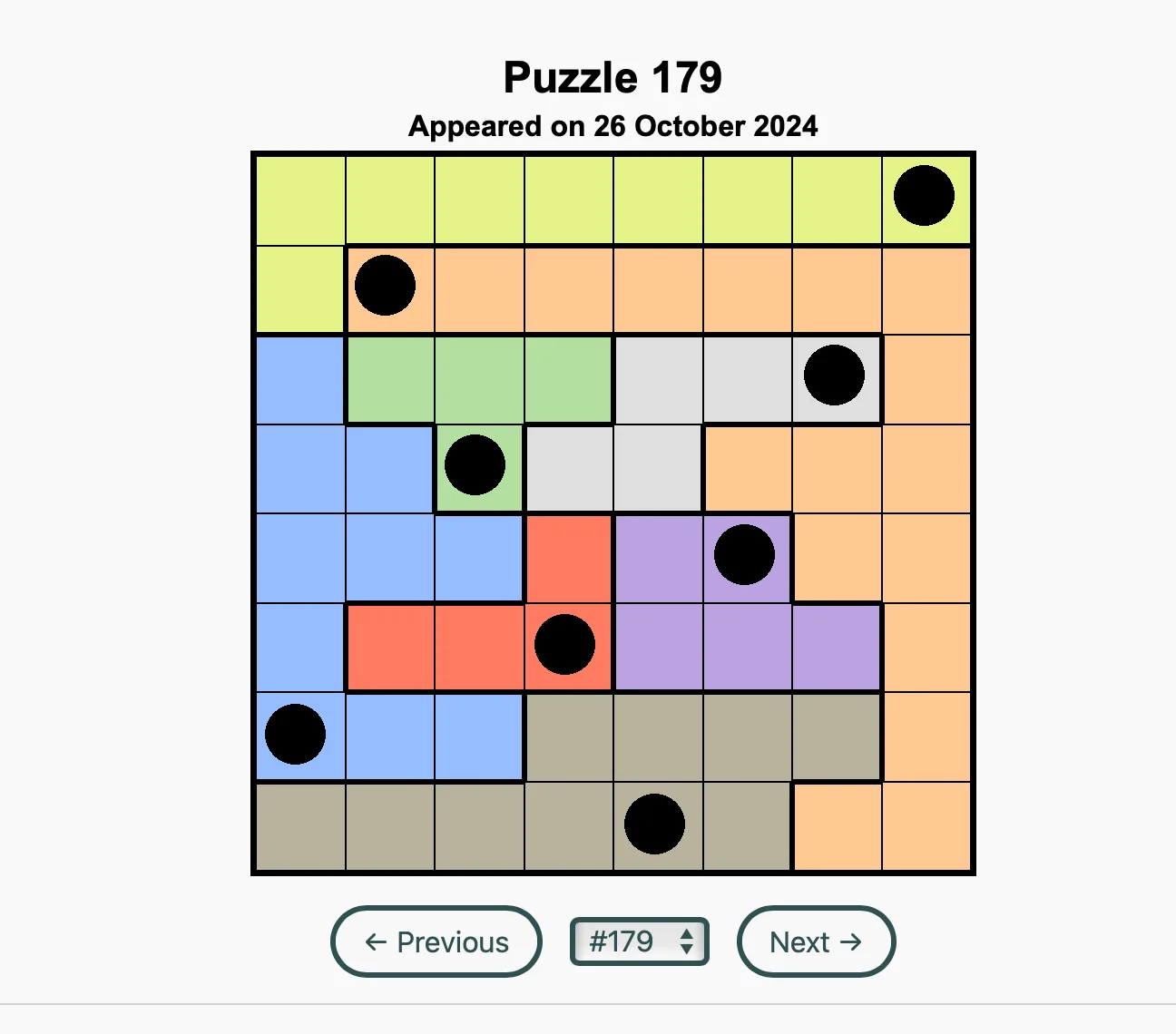 An image showing the Queens puzzle 179 solved with black circles covering some puzzle cells, representing the correct positions of the queens.