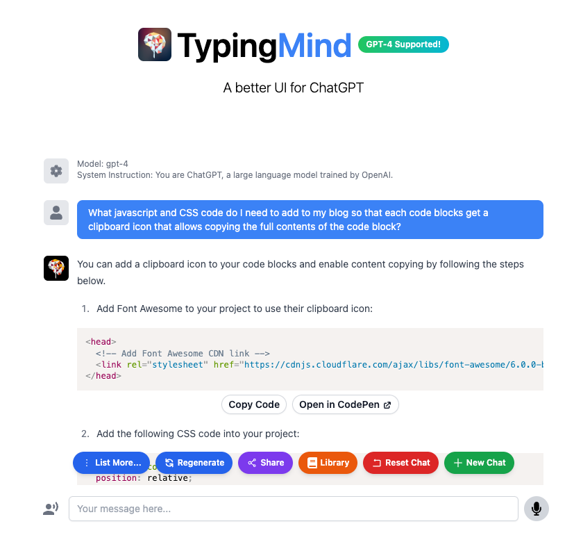 Screenshot of using the TypingMind interface to interact with ChatGPT-4. The screenshot shows an initial prompt asking for ChatGPT to write the JavaScript and CSS code needed to allow copying the contents of code blocks on my blog."