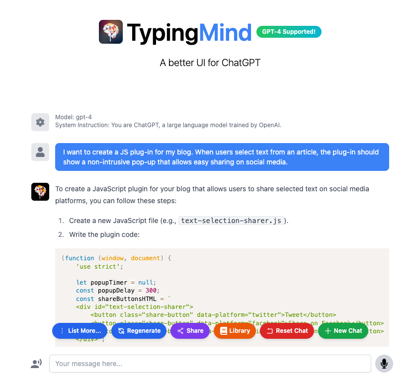 Screenshot of using the TypingMind interface to interact with ChatGPT-4. The screenshot shows an initial prompt asking for ChatGPT to write a JavaScript plugin for my blog.