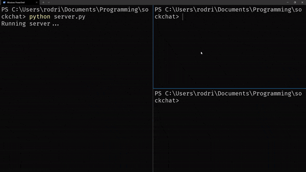 GIF animation of the chatroom server written in this Python tutorial, where the client prompt gets printed over by the messages from another client.