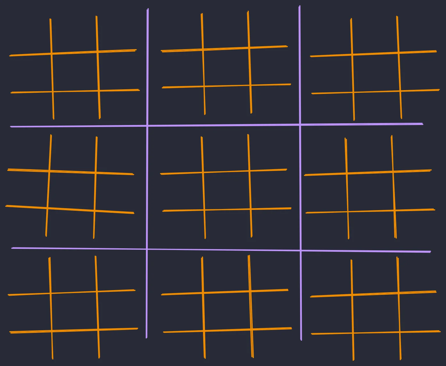 A meta tic-tac-toe game board which is a large tic-tac-toe board which contains nine smaller tic-tac-toe boards, one in each cell of the bigger board.