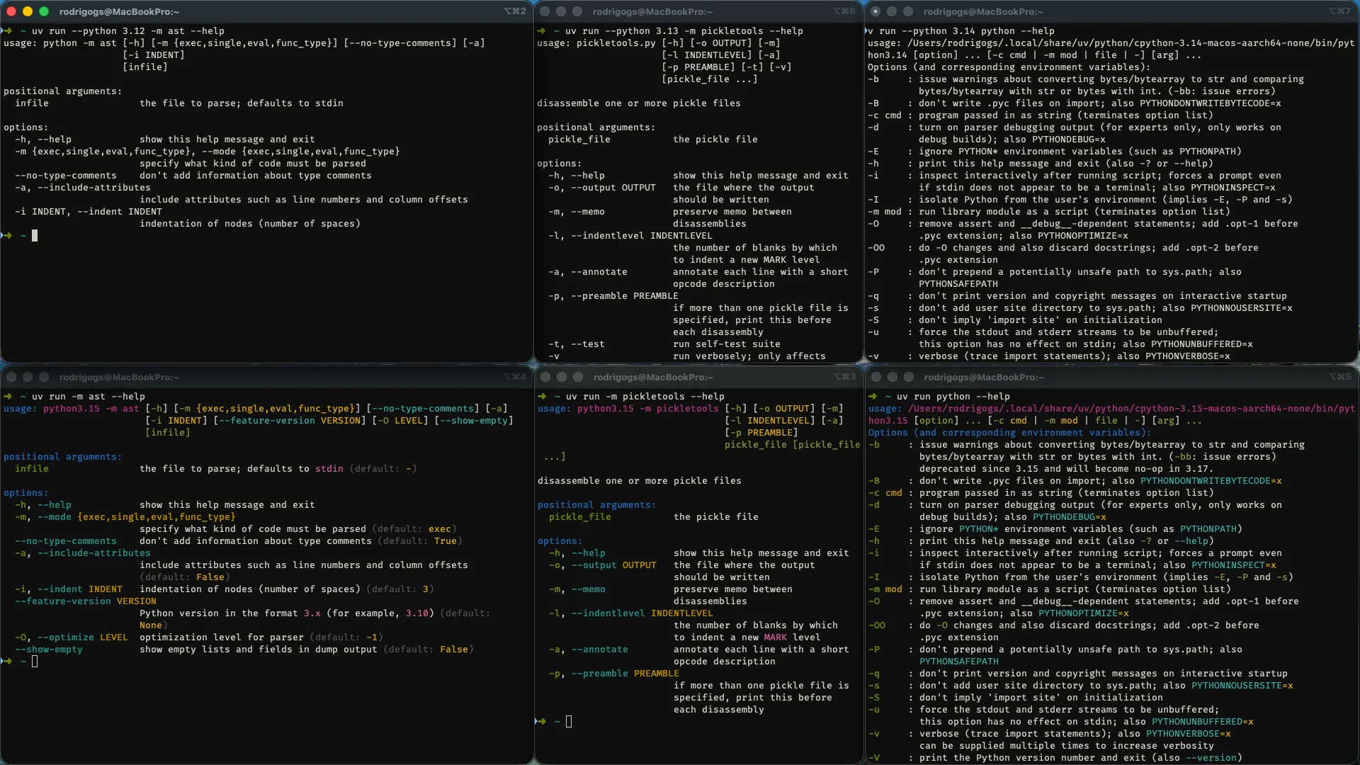 Coloured CLI output Screenshot of some terminals showing coloured CLI output in Python 3.15 below the black and white counterparts from earlier Python versions.