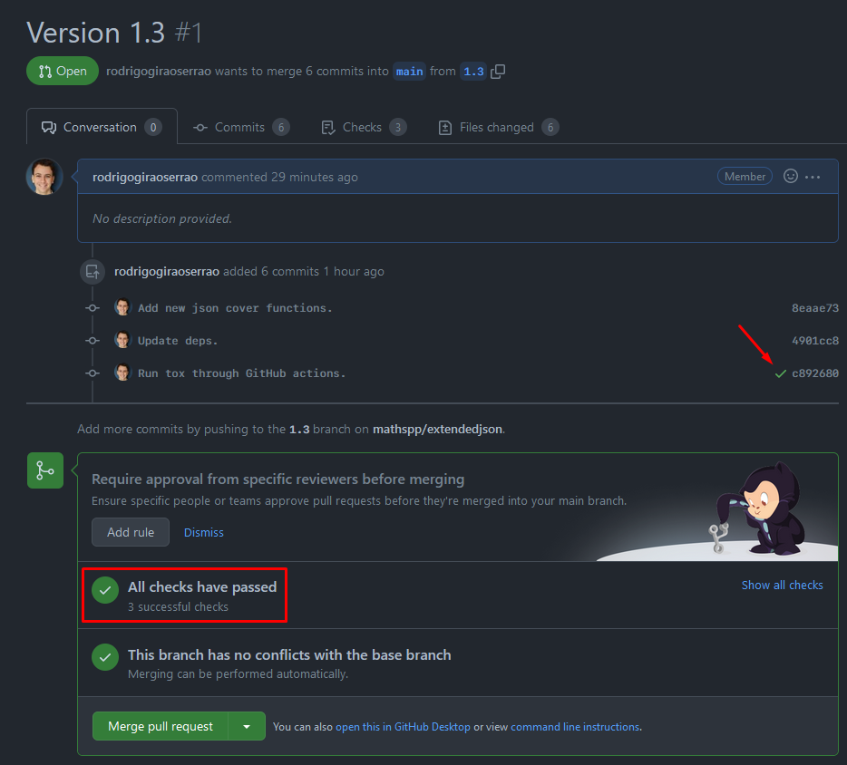 A screenshot of the GitHub pull request interface, where I can see a lot of reassuring green checks and messages, saying my GitHub Action has run successfully.