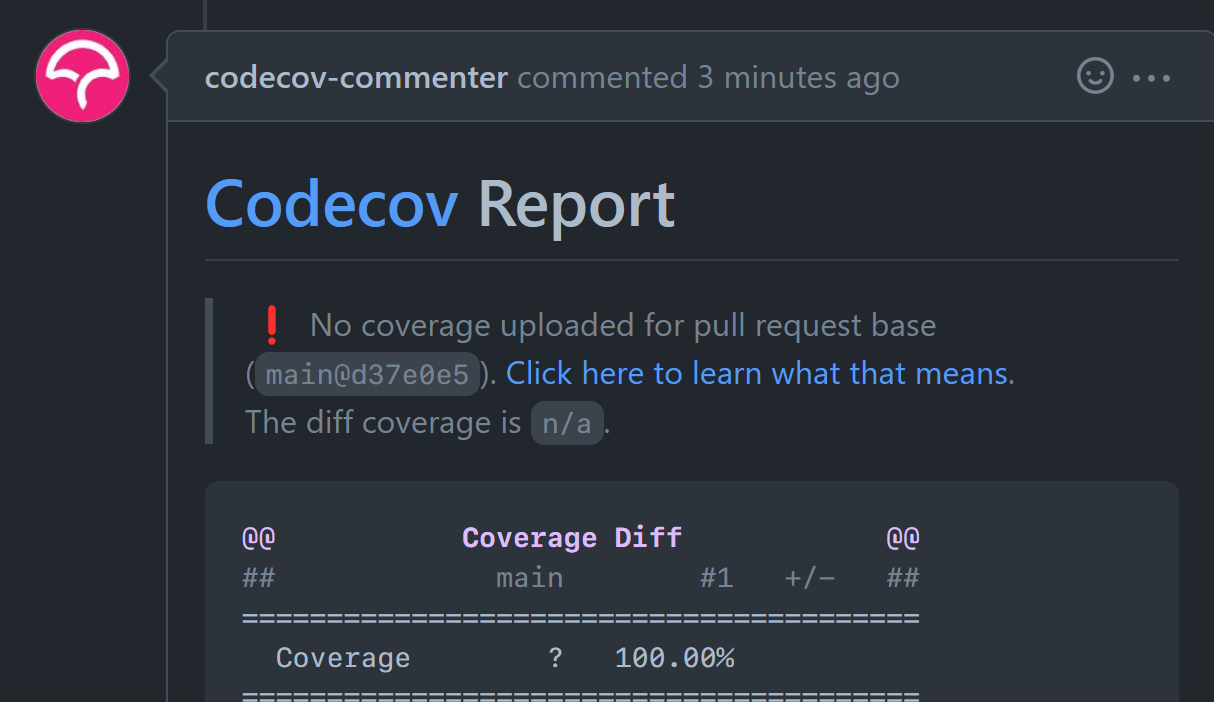 A screenshot of my GitHub pull request with an automatic comment by Codecov with a simple coverage report stating I have 100% code coverage.
