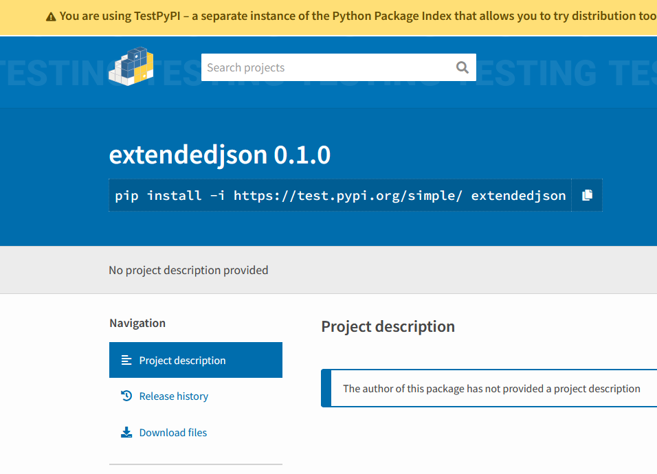 Screenshot of TestPyPI where it is visible that a stub for `extendedjson` was successfully uploaded.