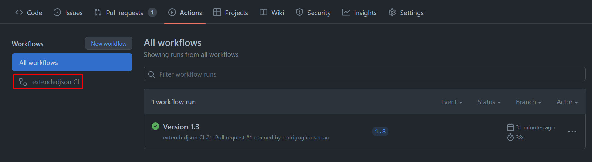 A screenshot of the GitHub Actions tab where we can see the workflow we just set up, identified by its name.