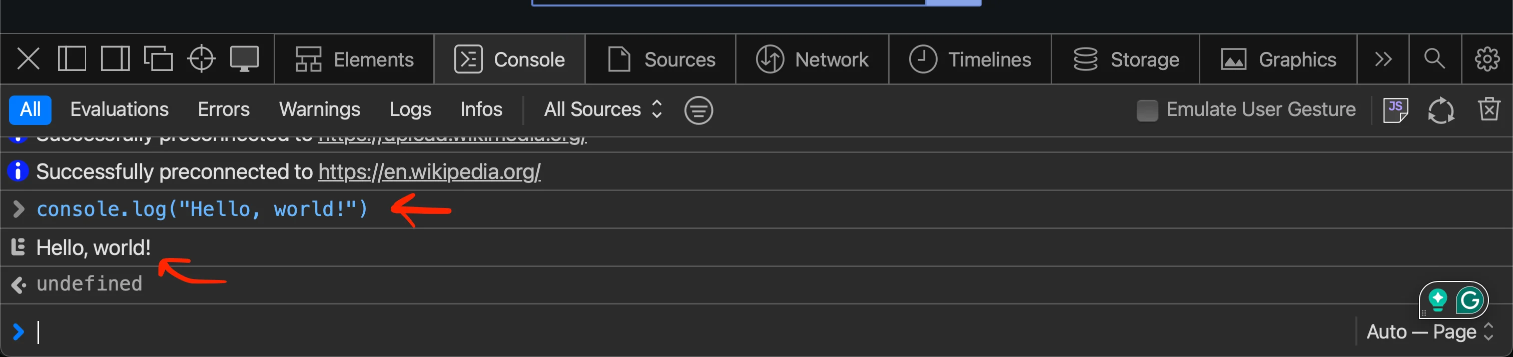 The developer console showing the message “Hello, world!” after running a line of JavaScript code that logged that message.