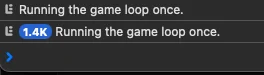 Screenshot of the JavaScript console showing that the message 'Running the game loop once' was logged over 1,400 times.