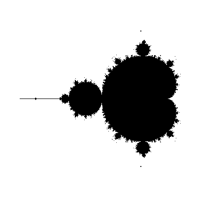 A black and white rendering of the Mandelbrot set, a well-known fractal, rendered with Python and pygame.