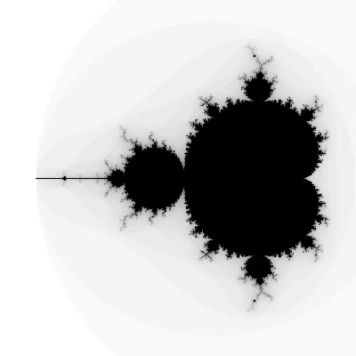 A grayscale rendering of the Mandelbrot set, a well-known fractal, rendered with Python and pygame.