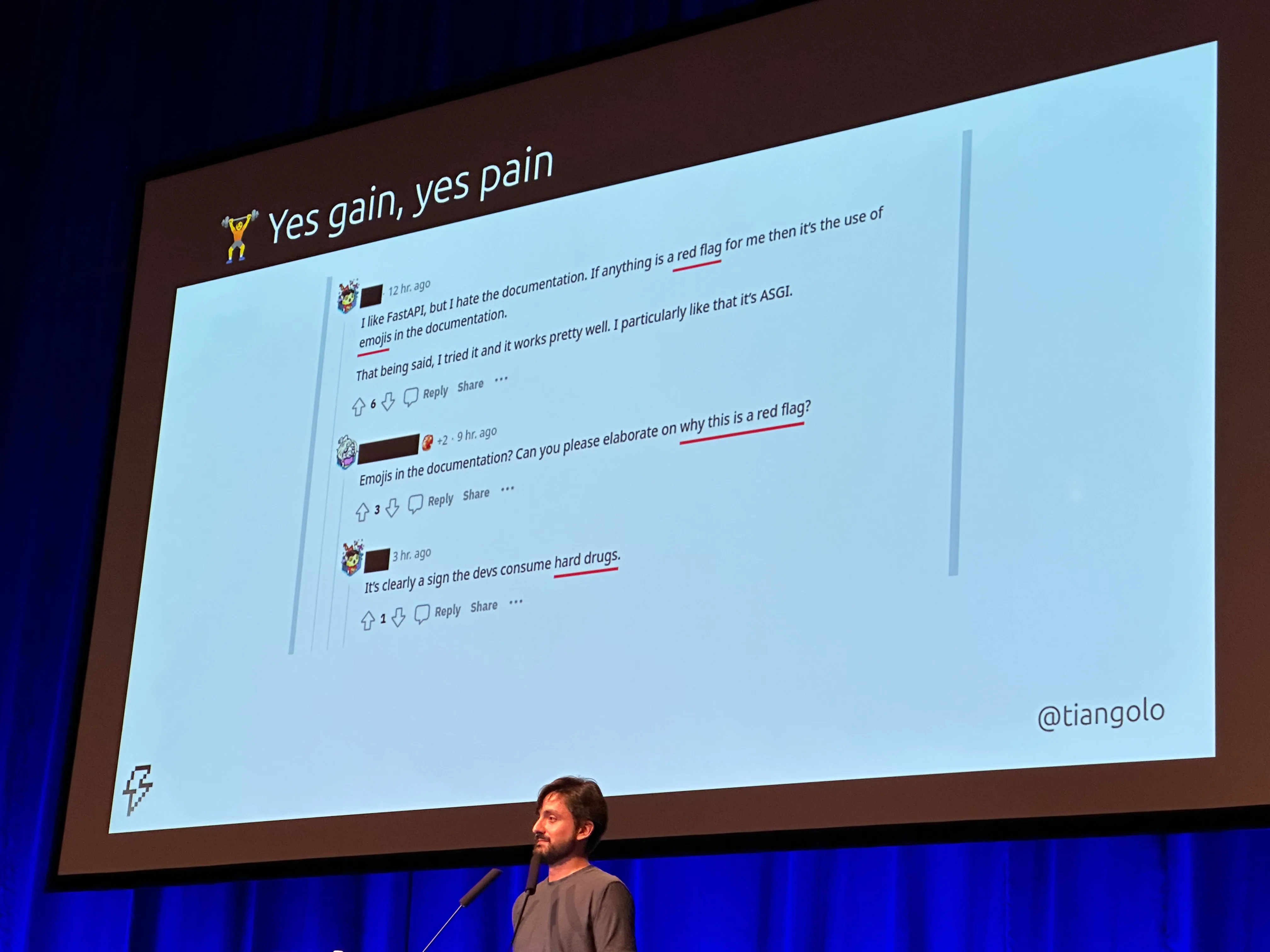 A picture of Sebastián on stage with a picture of some Reddit comments shown on the slide. The Reddit comments show someone complaining about the FastAPI documentation because it uses emoji. According to the commenter, emoji are a red flag because they show that the author consumes hard drugs.