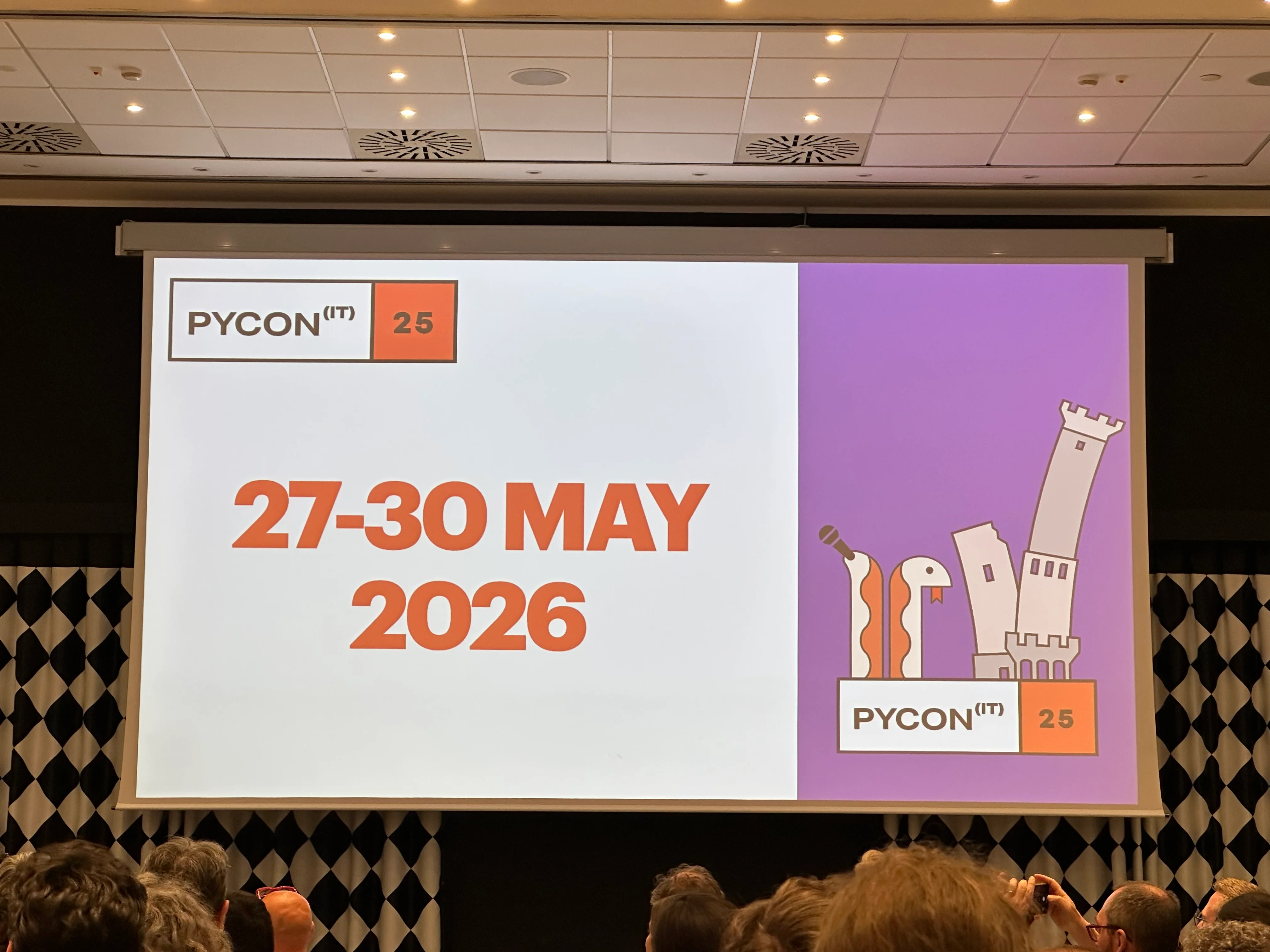Photo of the closing session slide where PyCon Italy 2026 dates are announced as 27-30 May.