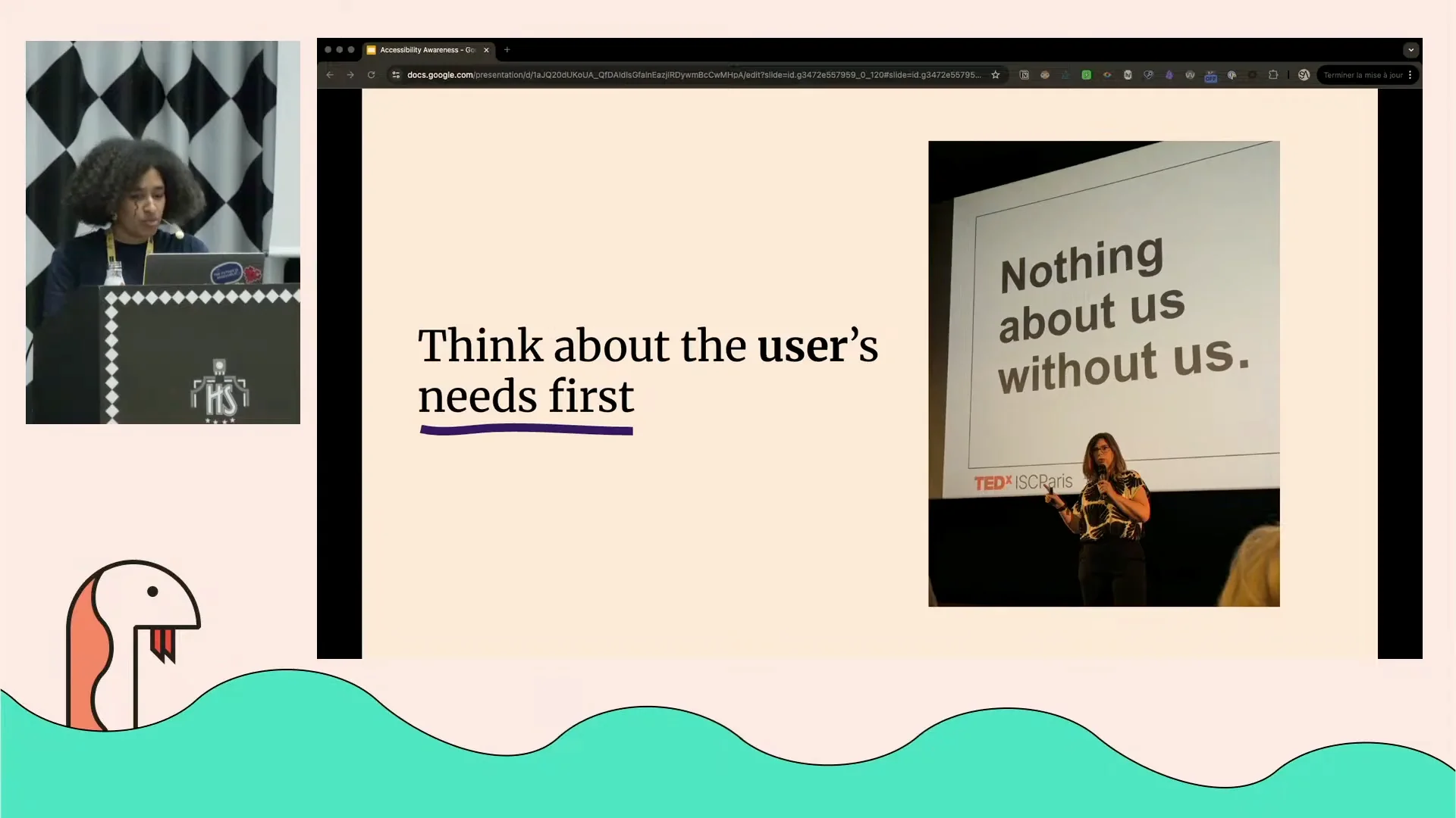 A screenshot of Sarah's keynote as seen on the livestream. In the current slide you can see a picture of a speaker in front of their own slide, which reads “nothing about us without us”.