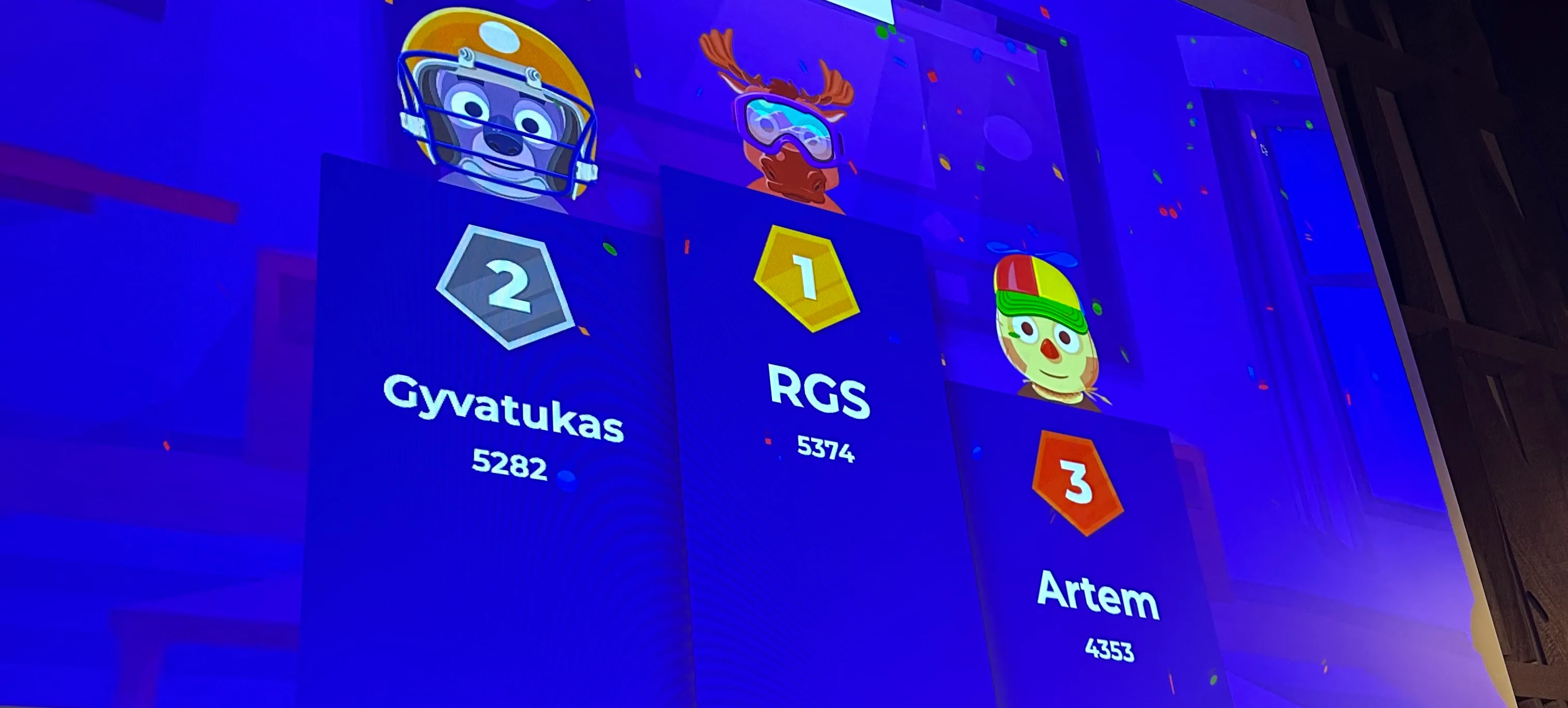 A slanted picture of a blue screen showing the player RGS at the top of the quiz podium.