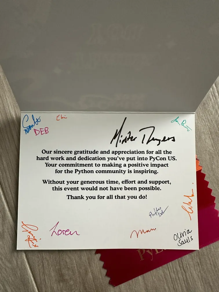 A printed thank you note that thanks speakers for preparing their talks and tutorials, hand-signed by the organisers of PyCon US.
