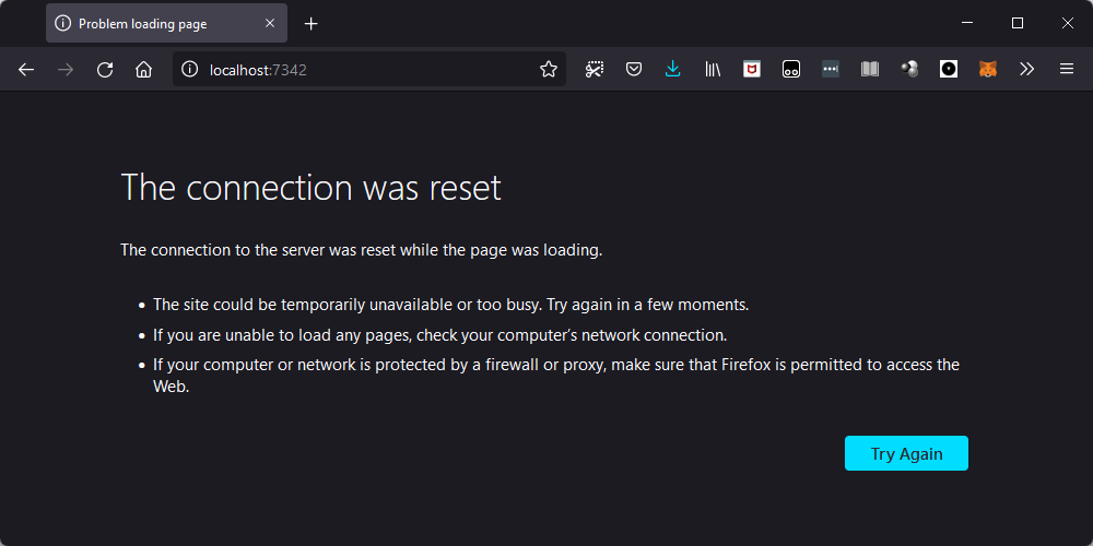 Firefox complaining the connection was reset.