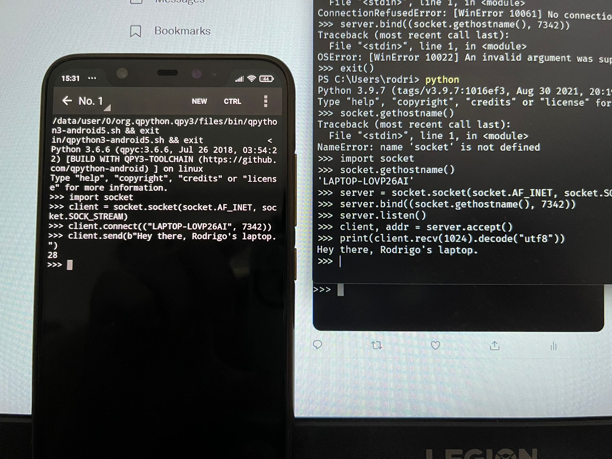 A picture of my phone, next to my laptop, showing Python REPLs in both devices, with evidence that the client-server socket connection was established successfully, by making use of socket programming in Python.