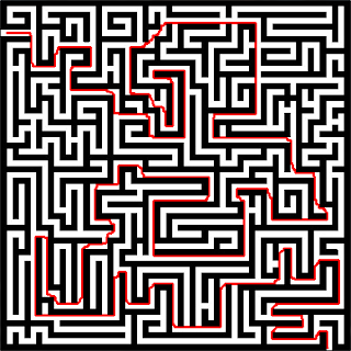 the maze above but solved with a red line showing the path