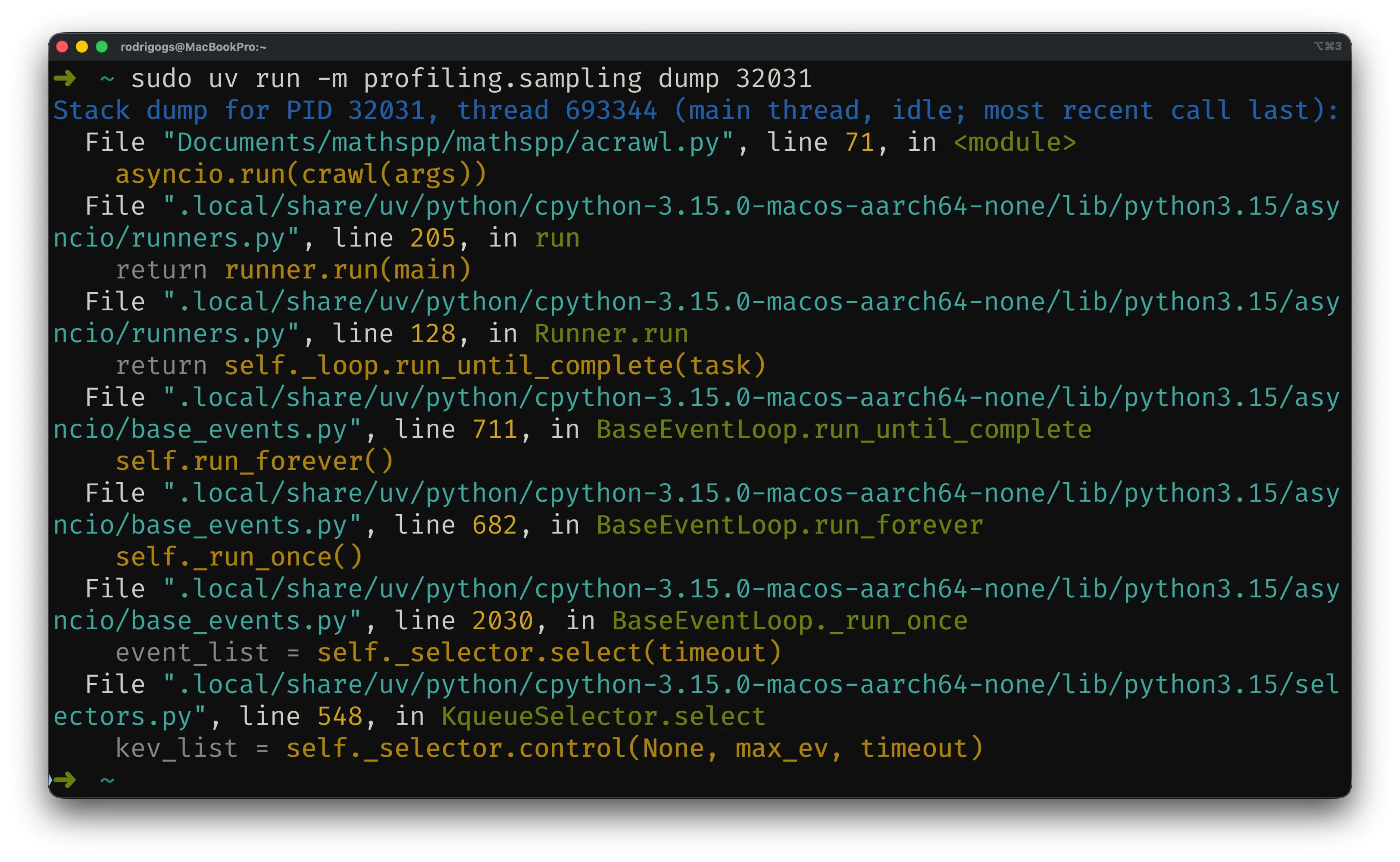 Screenshot of a terminal showing a stack dump from a Python program.