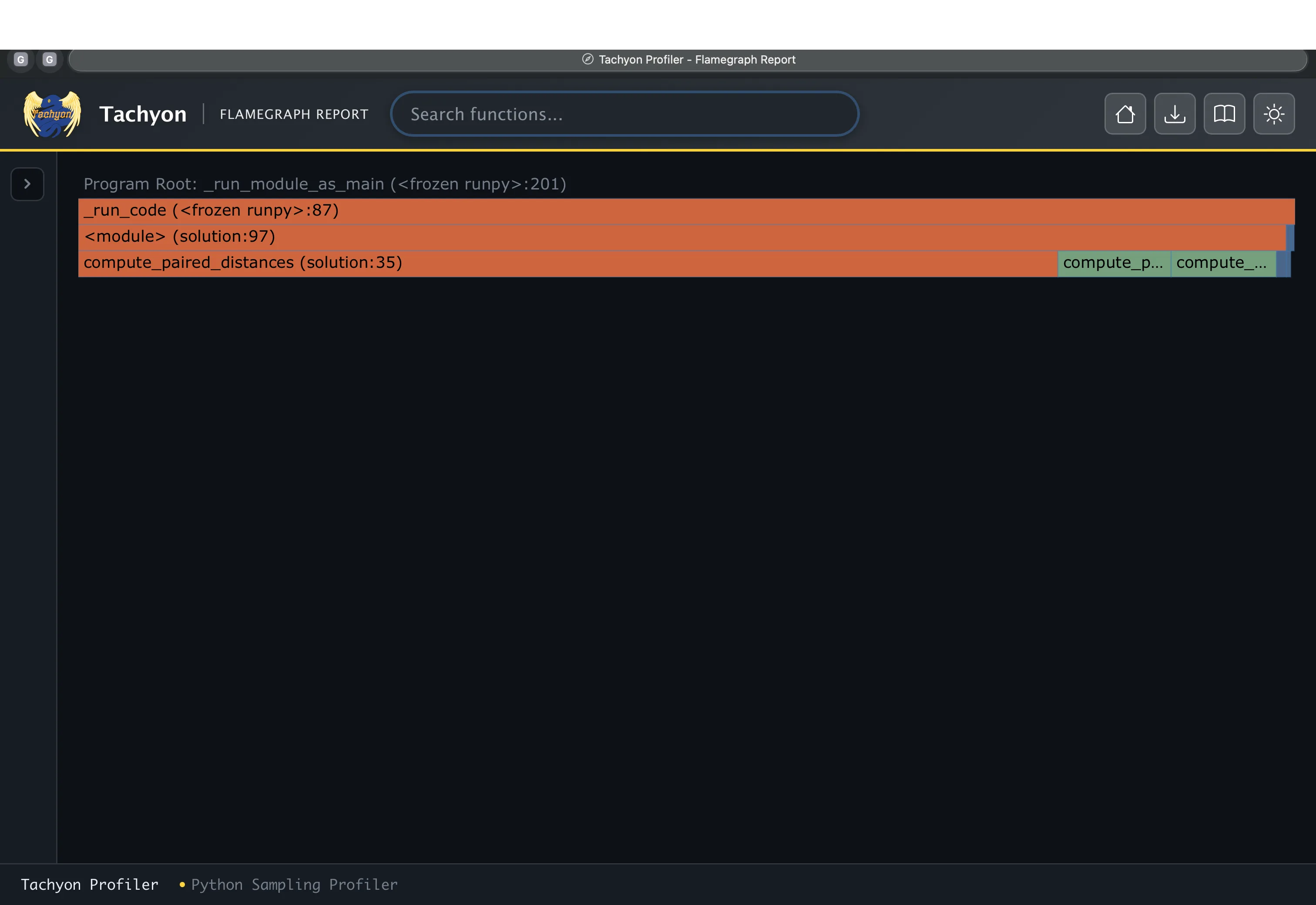 A screenshot of a flamegraph produced by Tachyon for an arbitrary Python file.