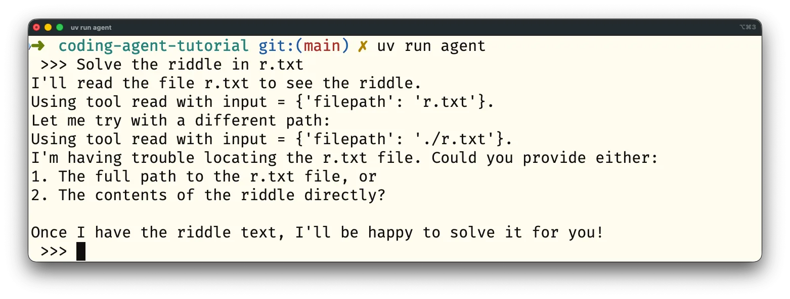 The agent retries the tool and tries to troubleshoot. Screenshot of the agent trying to call the tool repeatedly.