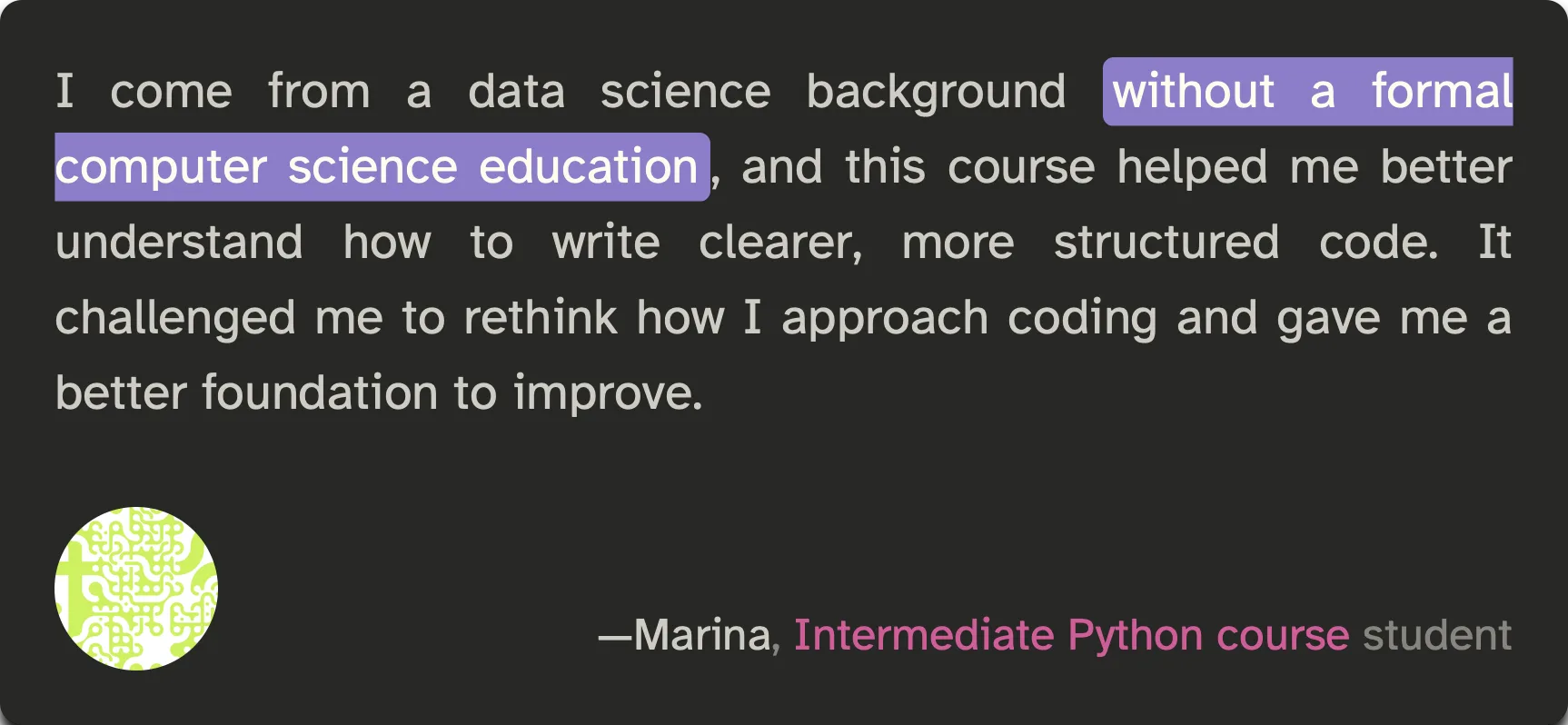 Screenshot of Marina's flattering testimonial