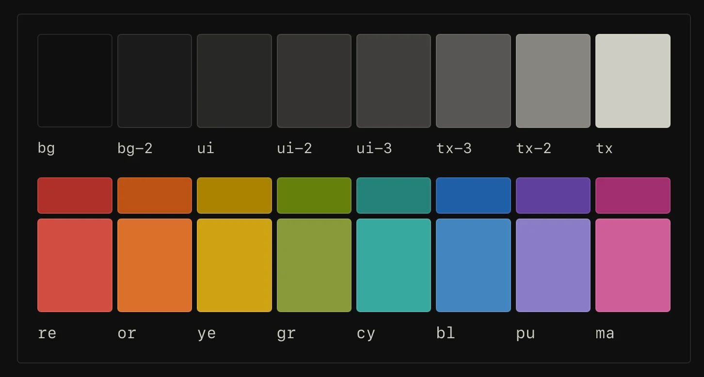 The base colour palette of the Flexoki colour scheme.